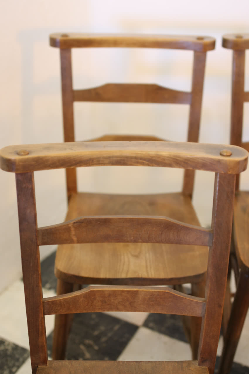 pretty set of restored elm chapel chairs, very sturdy, little shelf for Bible at the back under the seat & all waxed and polished.