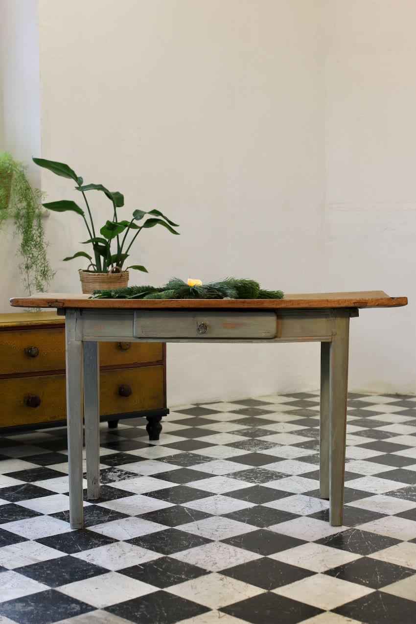 pretty unrestored very rustic french fruitwood sage grey table that needs attention shown in photos. would advise viewing before purchasing.