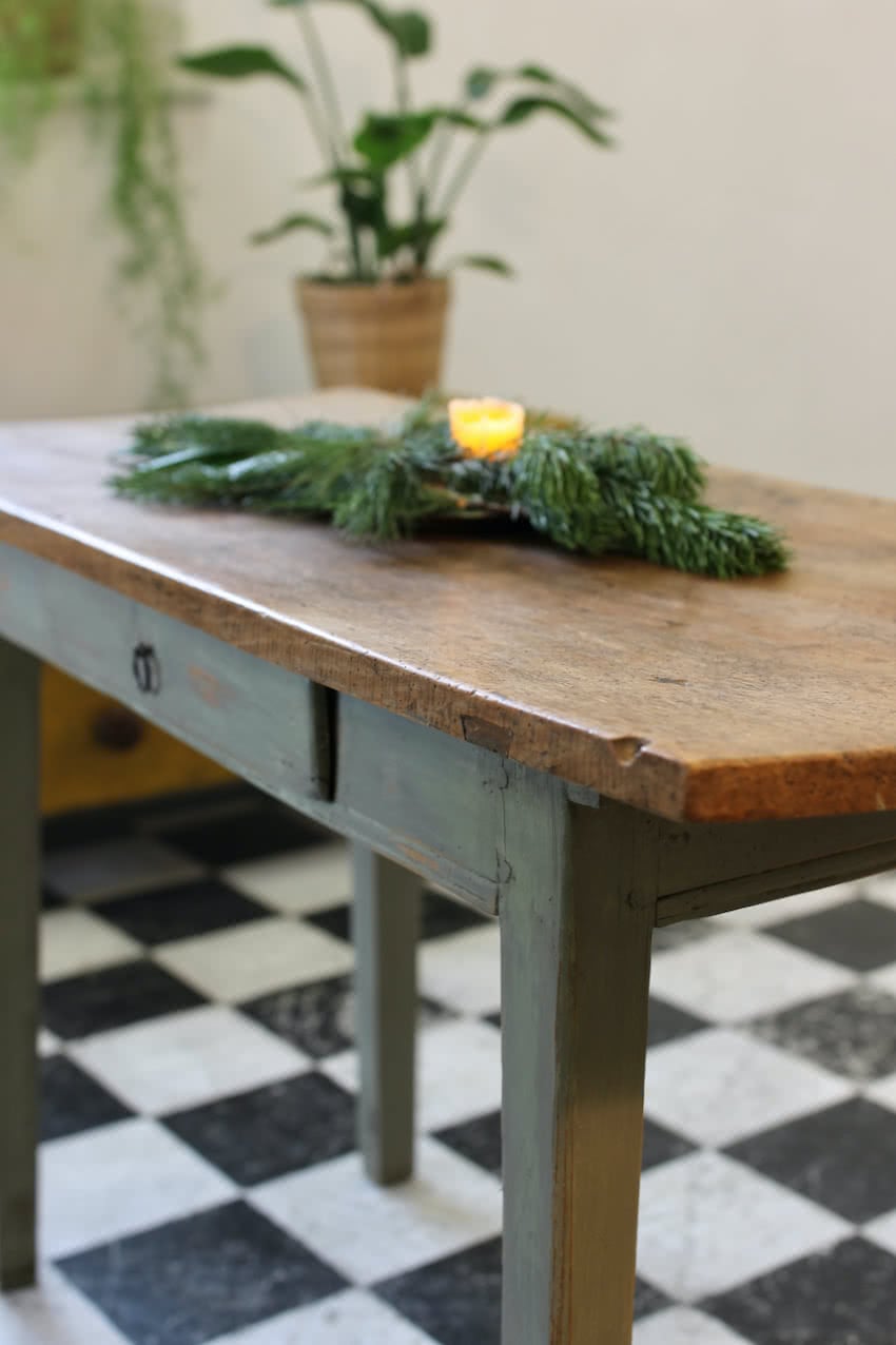 pretty unrestored very rustic french fruitwood sage grey table that needs attention shown in photos. would advise viewing before purchasing.