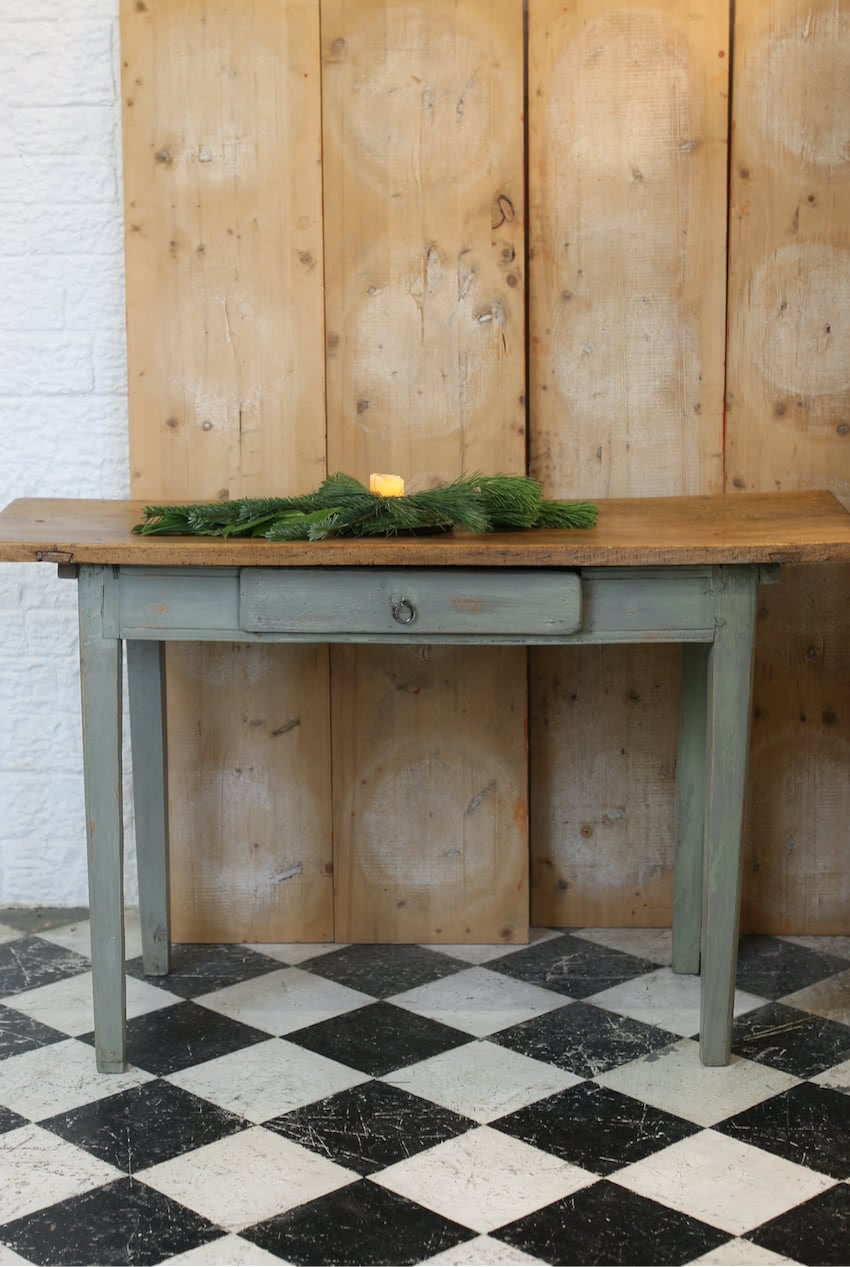 pretty unrestored very rustic french fruitwood sage grey table that needs attention shown in photos. would advise viewing before purchasing.