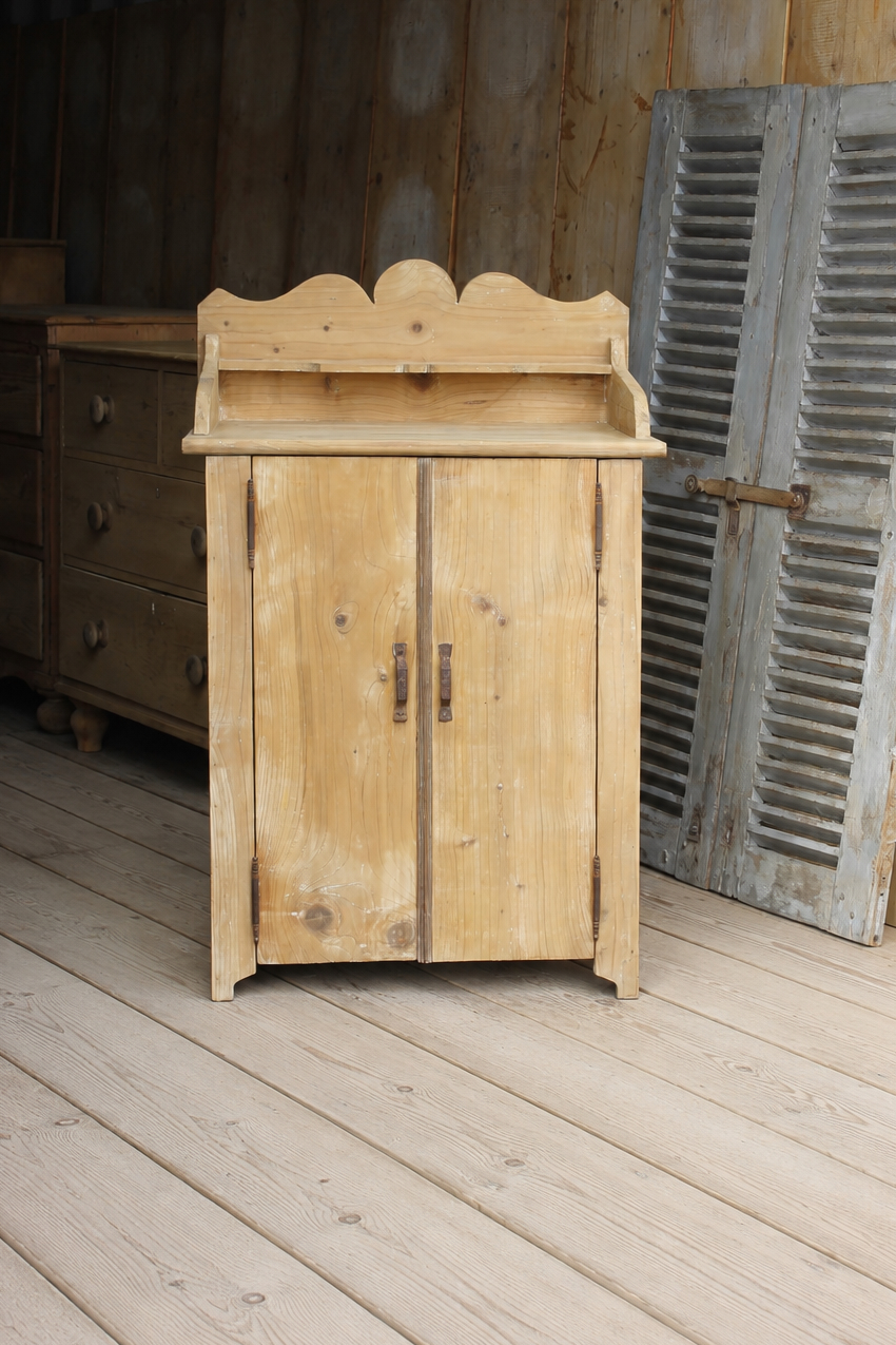very pretty galleried french all original pine two door cupboardcupboard with shelf & metal handles and typical hinges.