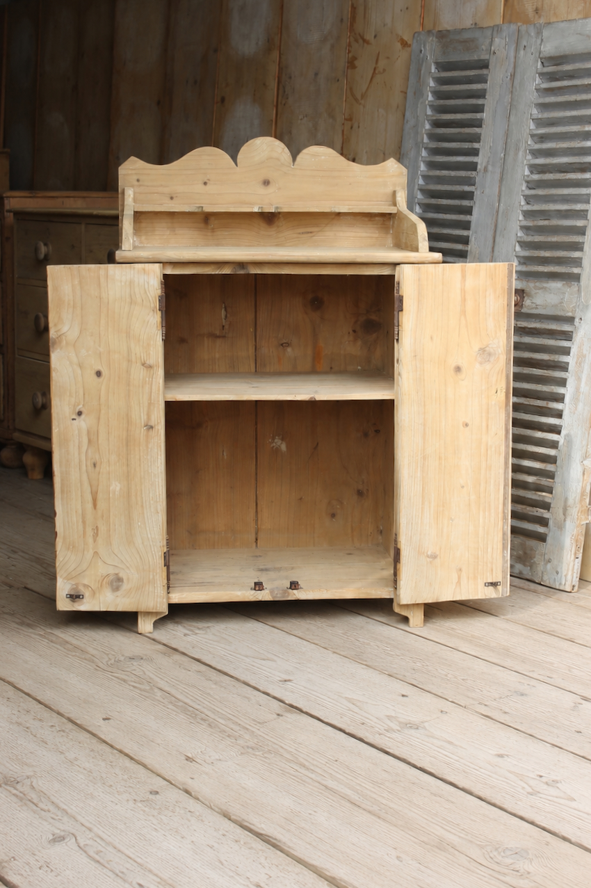 very pretty galleried french all original pine two door cupboardcupboard with shelf & metal handles and typical hinges.
