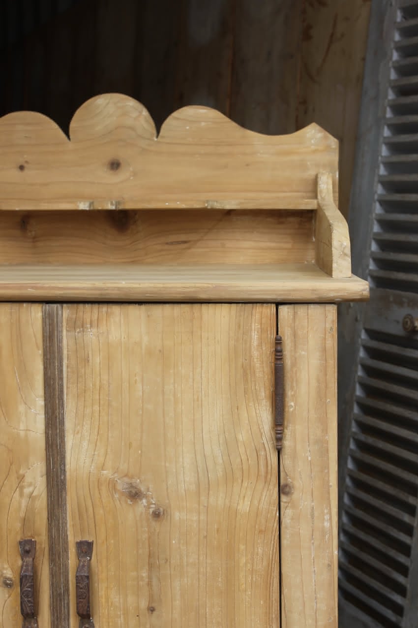 very pretty galleried french all original pine two door cupboardcupboard with shelf & metal handles and typical hinges.