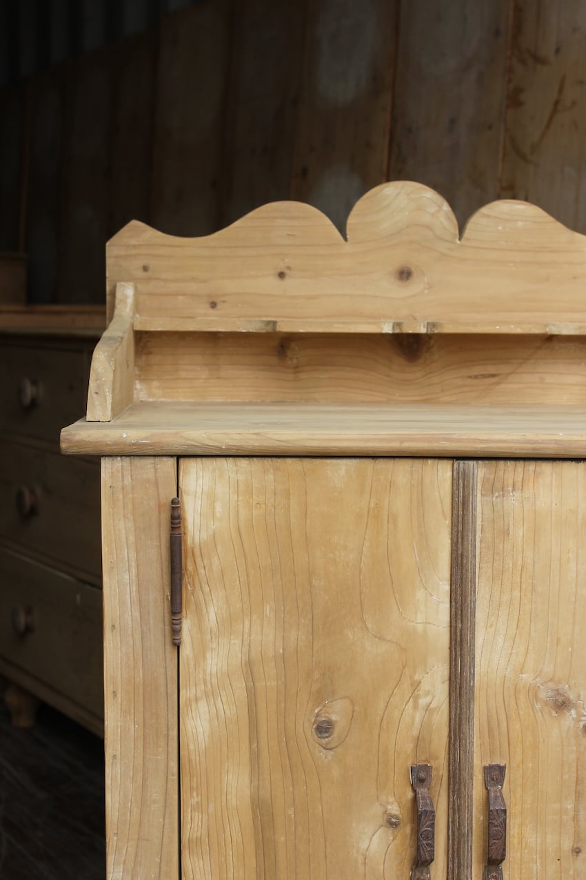very pretty galleried french all original pine two door cupboardcupboard with shelf & metal handles and typical hinges.