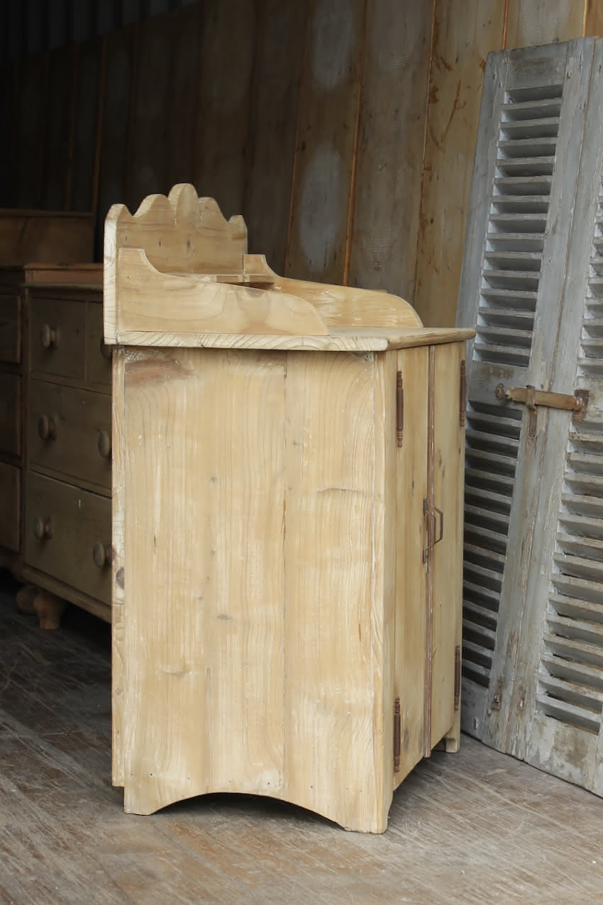 very pretty galleried french all original pine two door cupboardcupboard with shelf & metal handles and typical hinges.