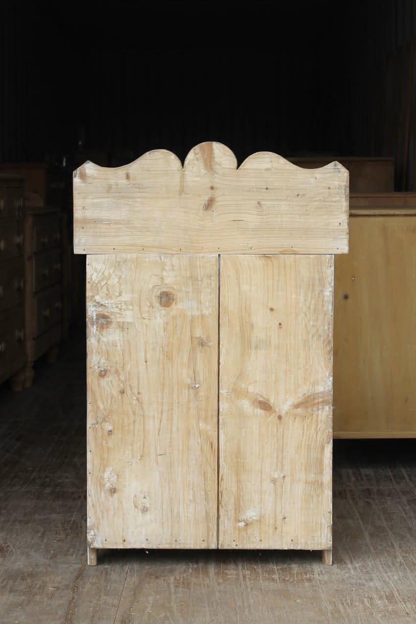 very pretty galleried french all original pine two door cupboardcupboard with shelf & metal handles and typical hinges.