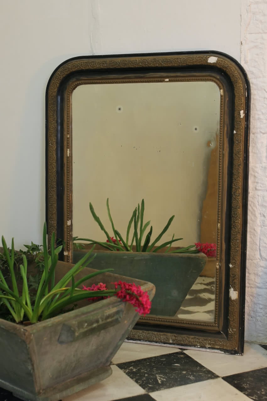 lovely french mirror with metal rather than glass, very distressed frame and foxing and in very rustic condition