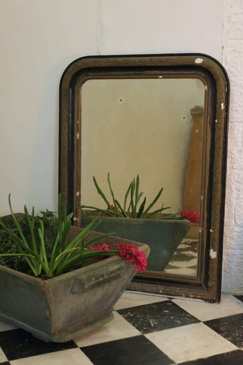 lovely french mirror with metal rather than glass, very distressed frame and foxing and in very rustic condition - reflected in price.