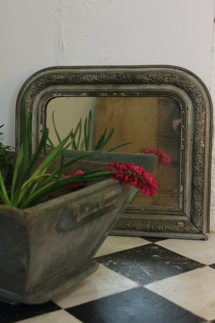 very pretty french green louis philippe rustic mirror with some nice foxing, the paint has a waxed finish.