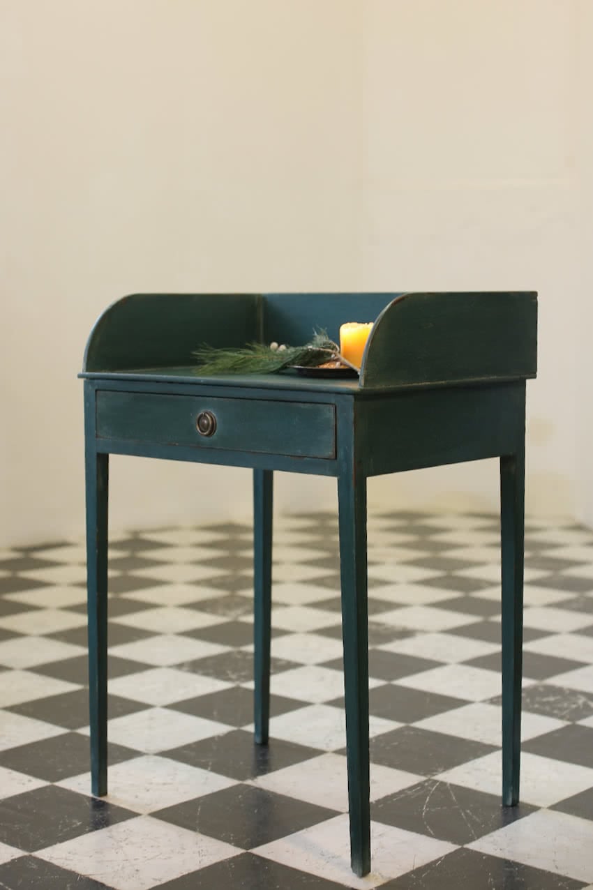 teal galleried side table with drawer