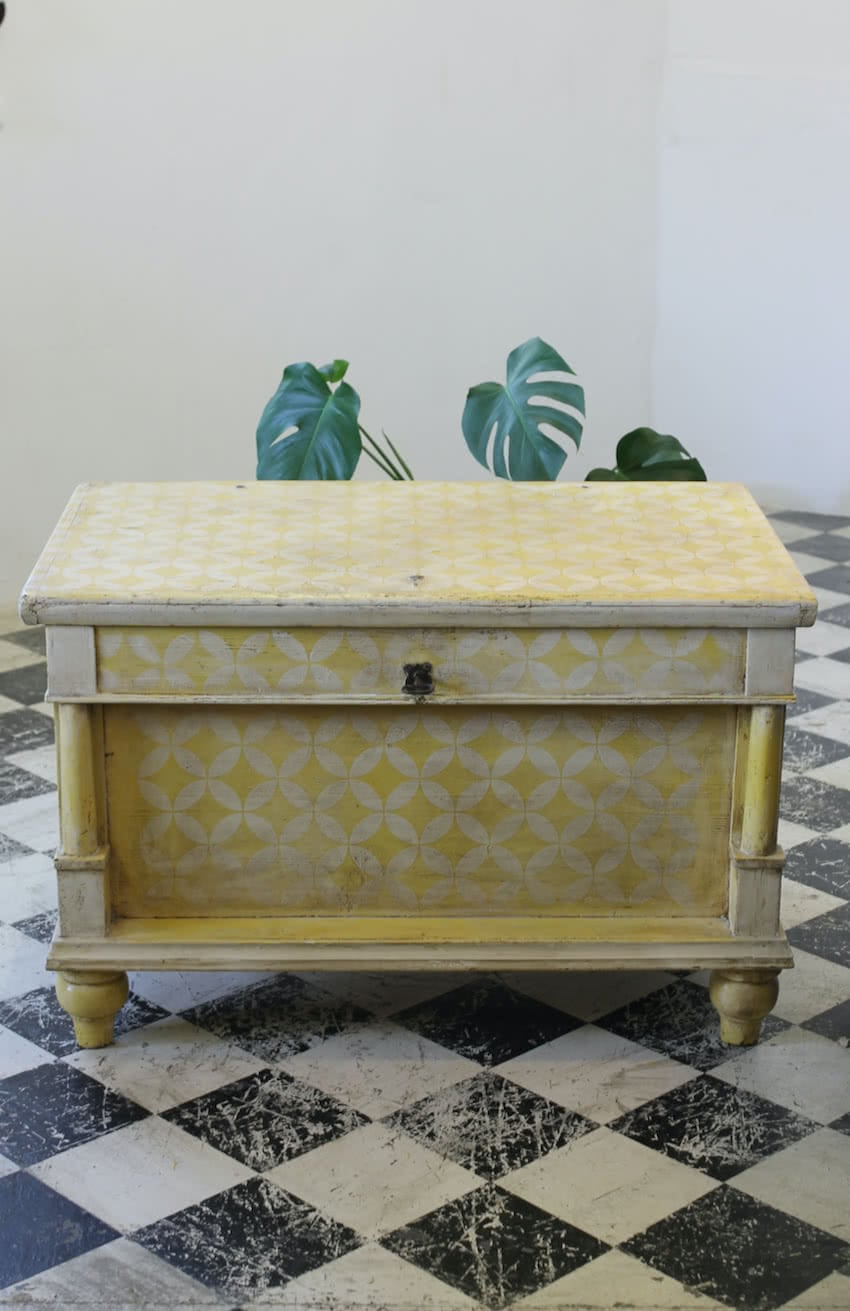 hungarian very large geometric lemon & white pine linen chest with original ironwork hinges, handles and large working lock & key.