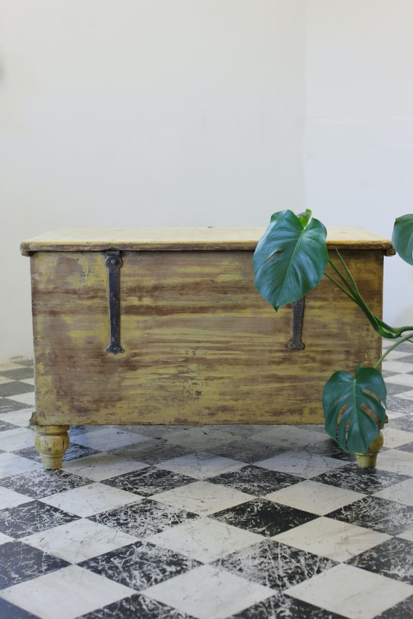 hungarian very large geometric lemon & white pine linen chest with original ironwork hinges, handles and large working lock & key.