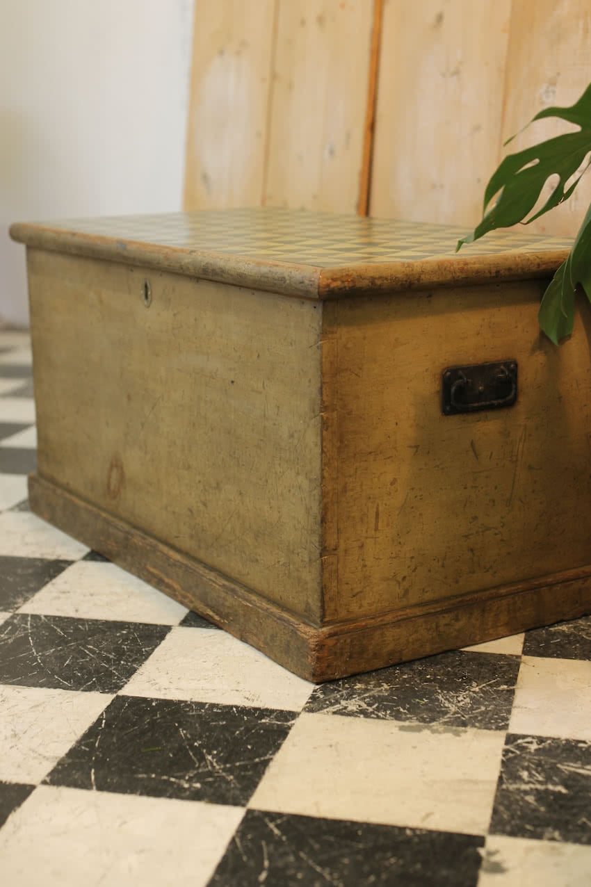 beautiful victorian pine linen chest with original paint & repainted geo pattern on top in lichen and navy & a secret candle box inside.