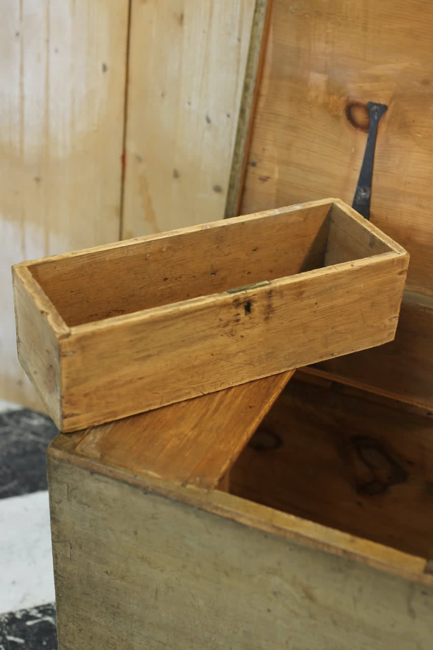 beautiful victorian pine linen chest with original paint & repainted geo pattern on top in lichen and navy & a secret candle box inside.