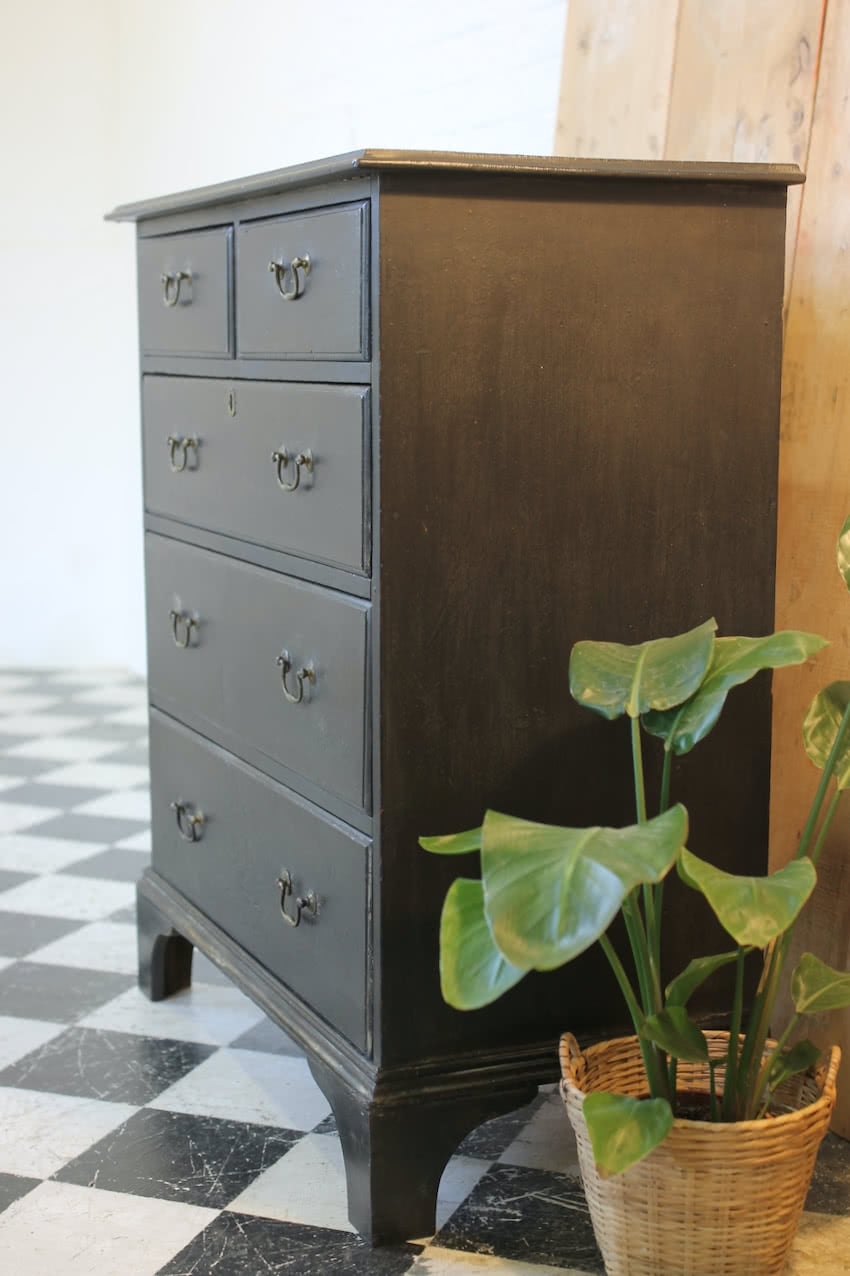 restored & refinished georgian tall pine black chest of five graduating drawers with brass swan neck handles & typical shaped feet.