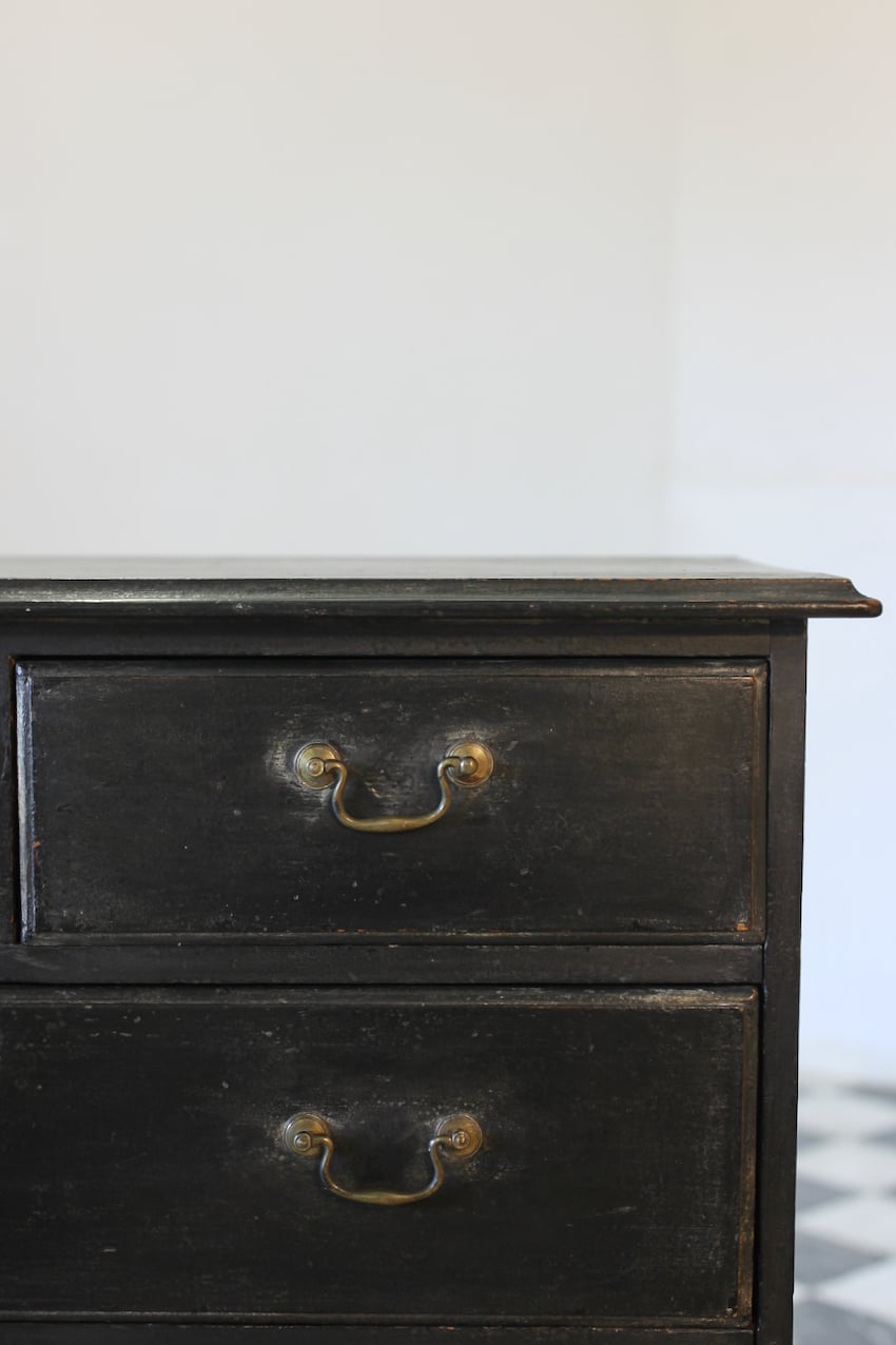 restored & refinished georgian tall pine black chest of five graduating drawers with brass swan neck handles & typical shaped feet.