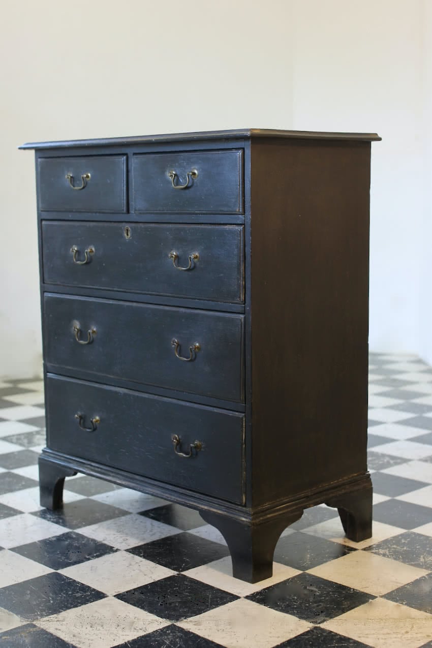 restored & refinished georgian tall pine black chest of five graduating drawers with brass swan neck handles & typical shaped feet.