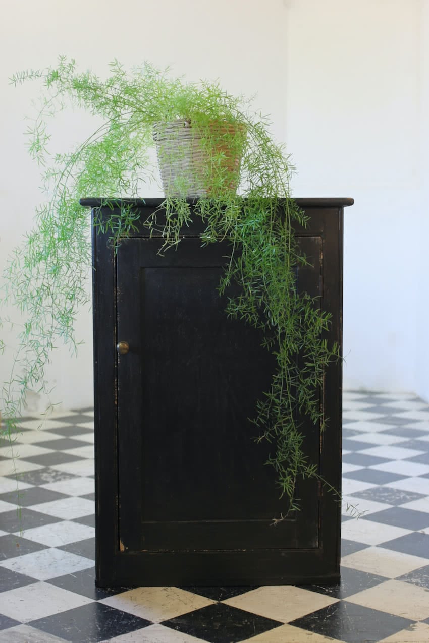 gorgeous restored victorian pine cupboard painted in black with a distressed finish & interior door painted in lichen, the cupboard has original shelf inside. 