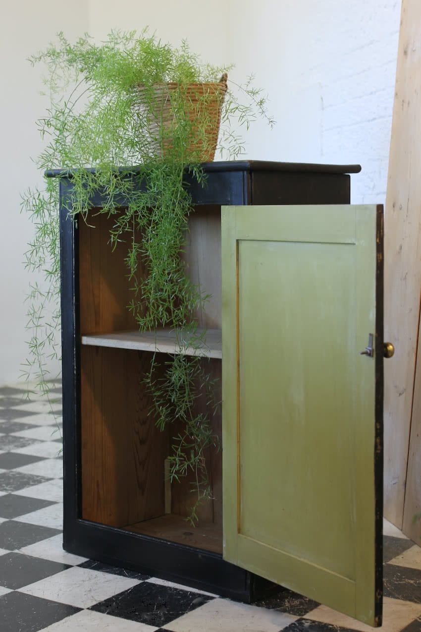 gorgeous restored victorian pine cupboard painted in black with a distressed finish & interior door painted in lichen, the cupboard has original shelf inside. 