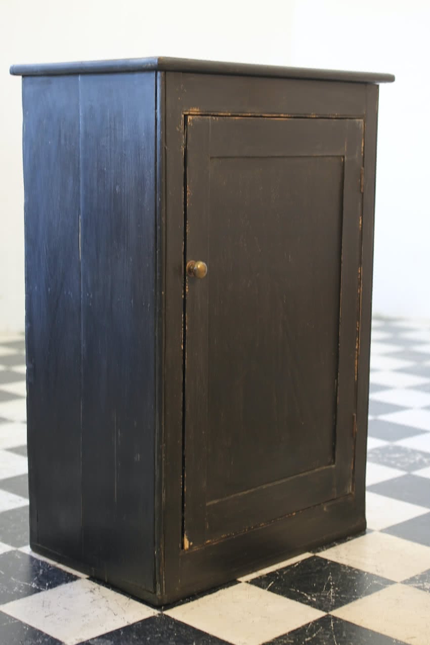 gorgeous restored victorian pine cupboard painted in black with a distressed finish & interior door painted in lichen, the cupboard has original shelf inside. 