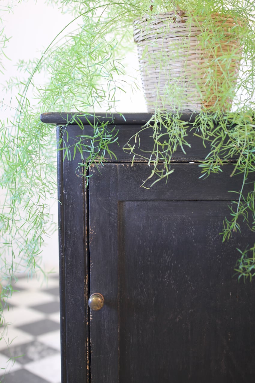 gorgeous restored victorian pine cupboard painted in black with a distressed finish & interior door painted in lichen, the cupboard has original shelf inside. 