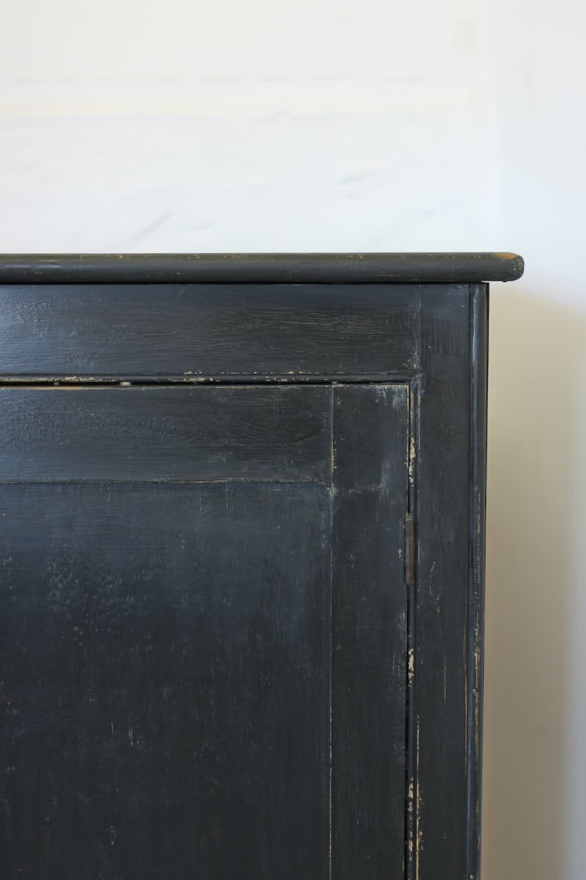 gorgeous restored victorian pine cupboard painted in black with a distressed finish & interior door painted in lichen, the cupboard has original shelf inside. 