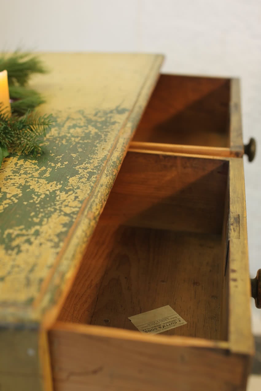 gorgeous low restored original painted pine two drawer chest with original knobs & new feet, makers label inside drawer (shown in photo).