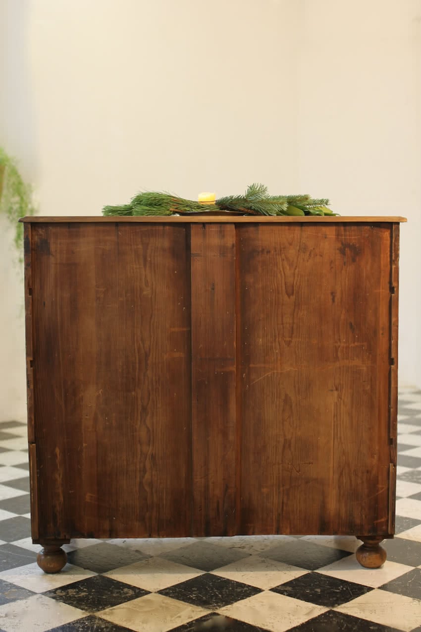 gorgeous low restored original painted pine two drawer chest with original knobs & new feet, makers label inside drawer (shown in photo).