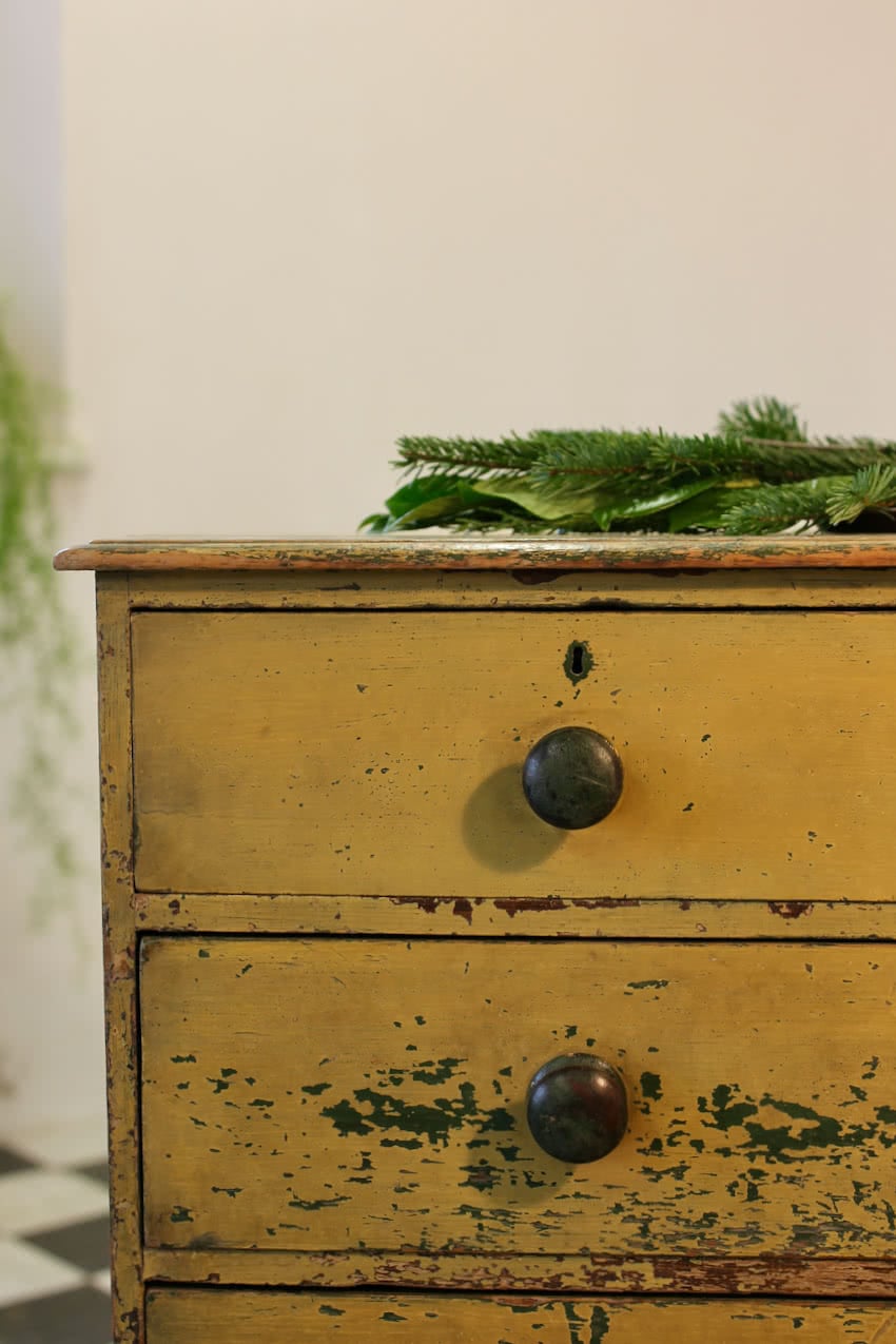 gorgeous low restored original painted pine two drawer chest with original knobs & new feet, makers label inside drawer (shown in photo).