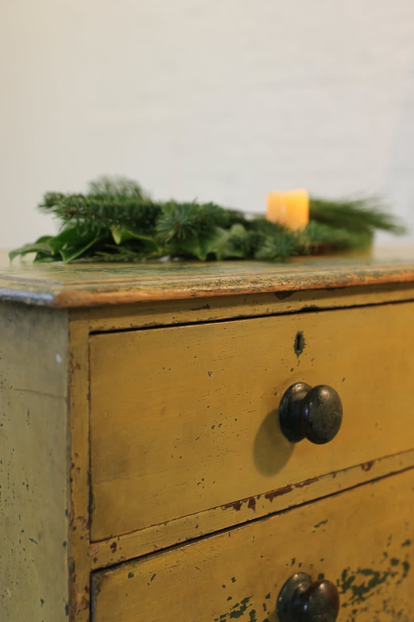 gorgeous low restored original painted pine two drawer chest with original knobs & new feet, makers label inside drawer (shown in photo).