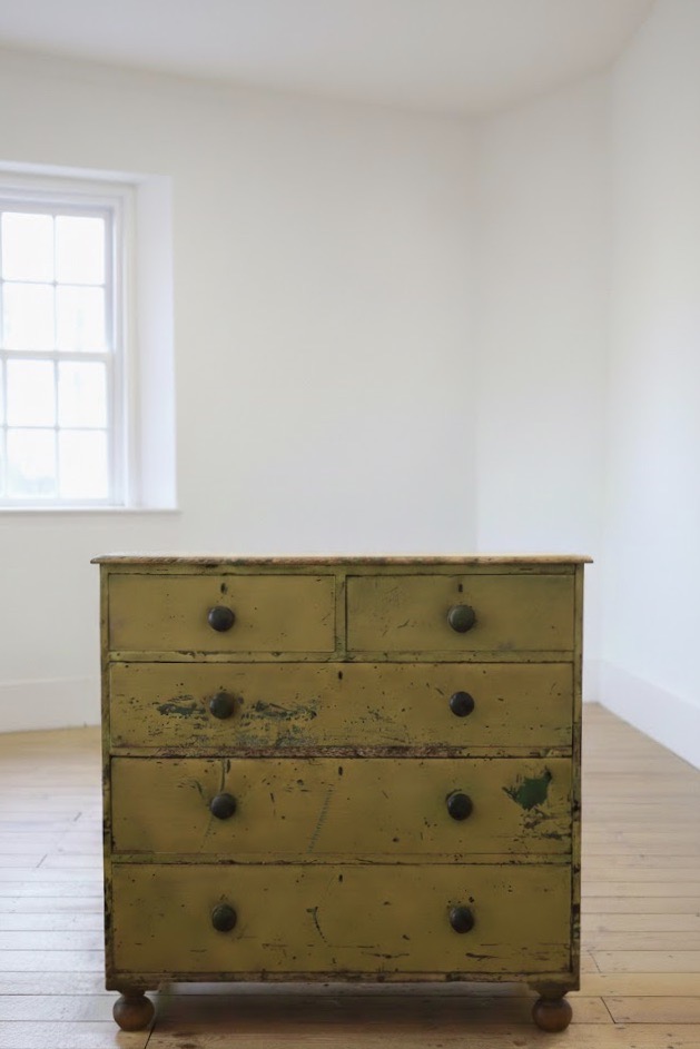 gorgeous low restored original painted pine two drawer chest with original knobs & new feet, makers label inside drawer (shown in photo).