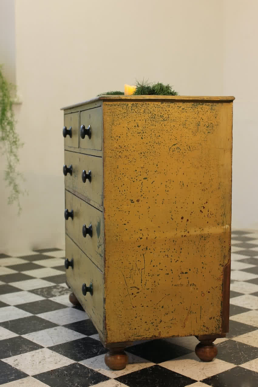 gorgeous low restored original painted pine two drawer chest with original knobs & new feet, makers label inside drawer (shown in photo).