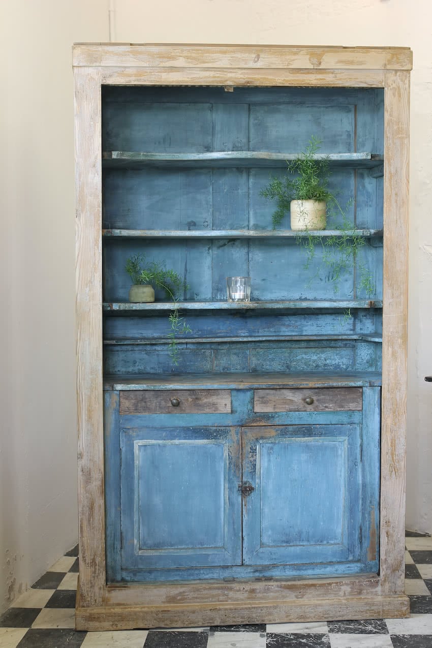 beautiful all original painted french housekeepers cupboard, with shaped shelves and built-in cupboard with drawers. 