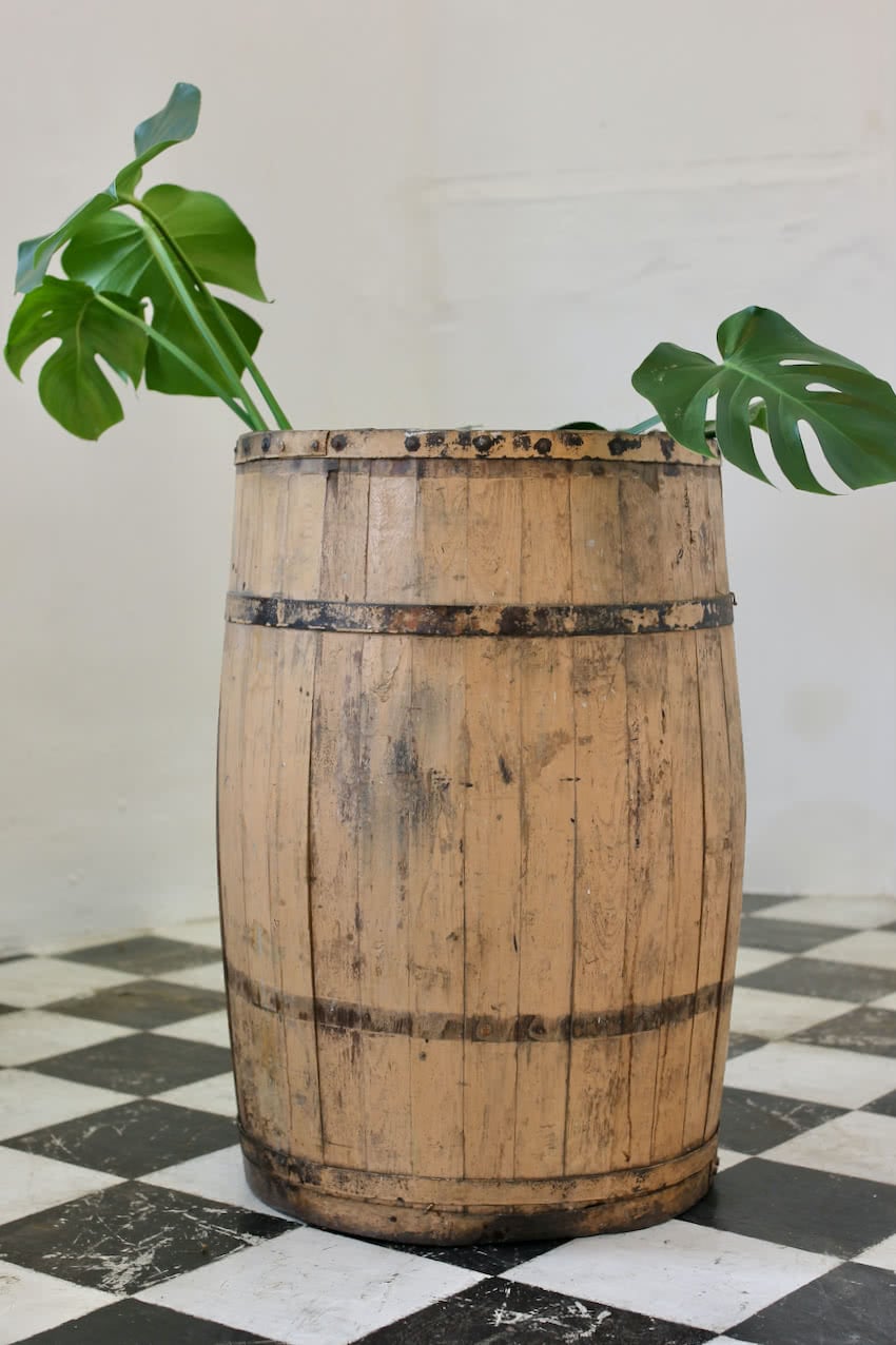 lovely original painted barrel from india - in an apricot shade & ideal for large plants or even logs.