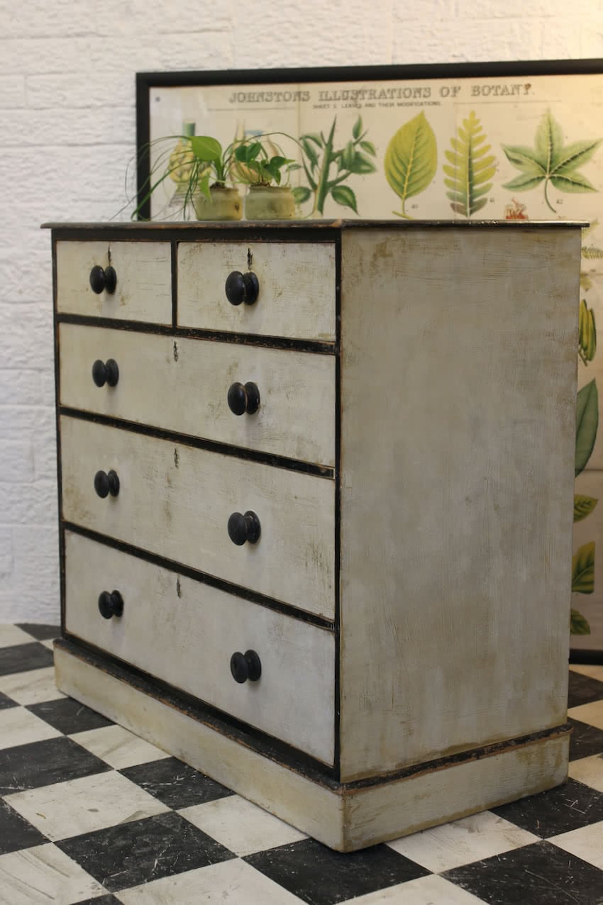 ivory and black victorian pine chest with some original paint, original black wooden knobs
