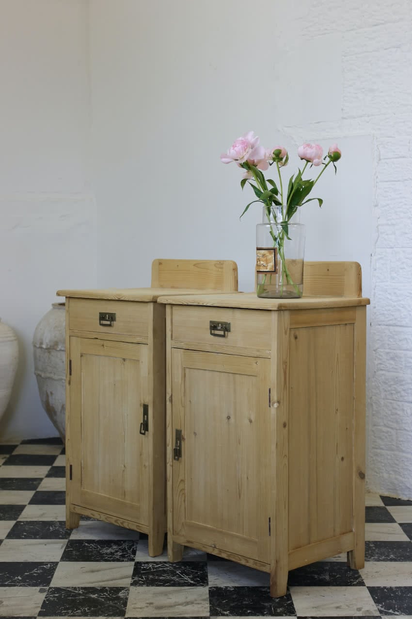 lovely pair of large european bleached pine looking bedside cabinets with small shelf inside & dry finish.