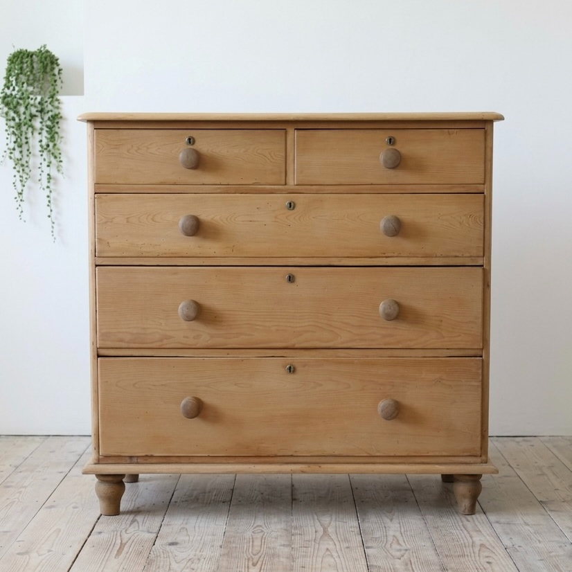 beautiful english fine pine large chest of drawers with original knobs and feet.