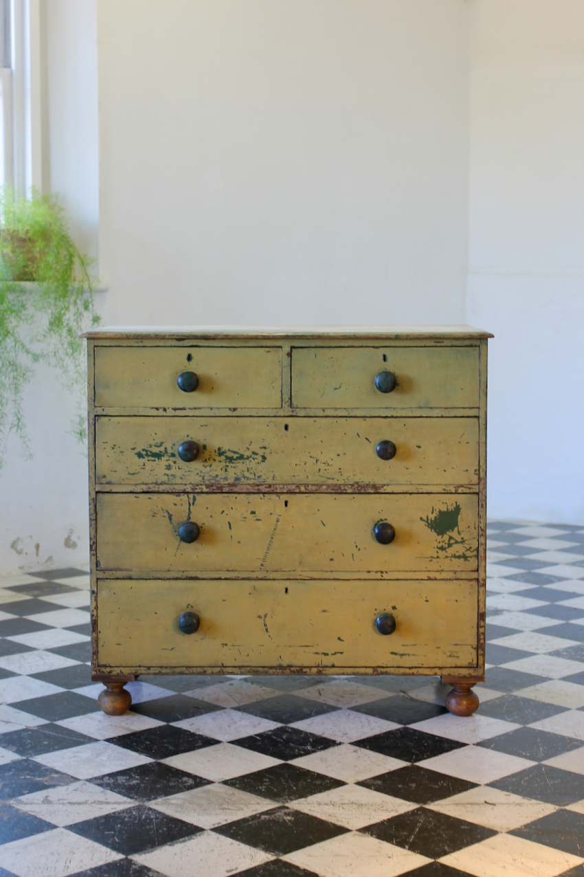 gorgeous low restored original painted pine two drawer chest with original knobs & new feet, makers label inside drawer (shown in photo).