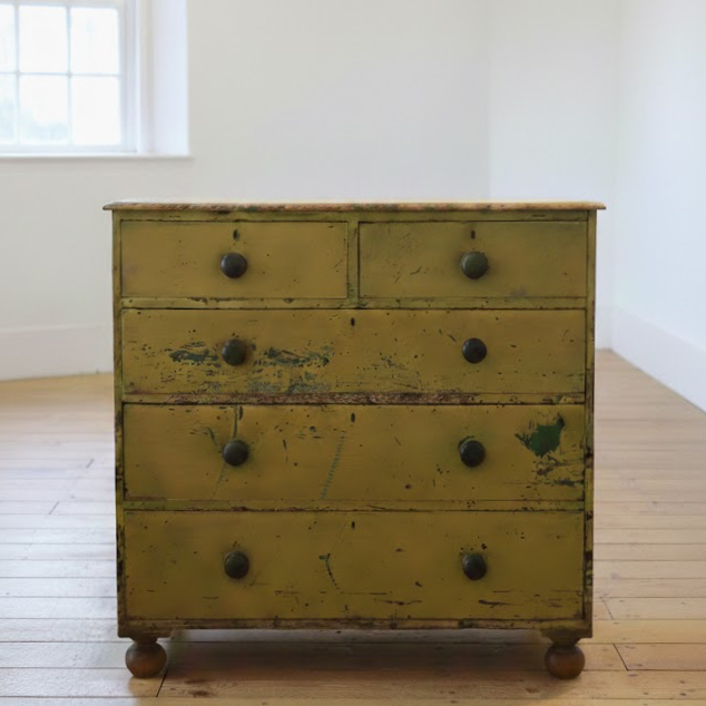 original painted yellow and green large handscraped chest of drawers, home.