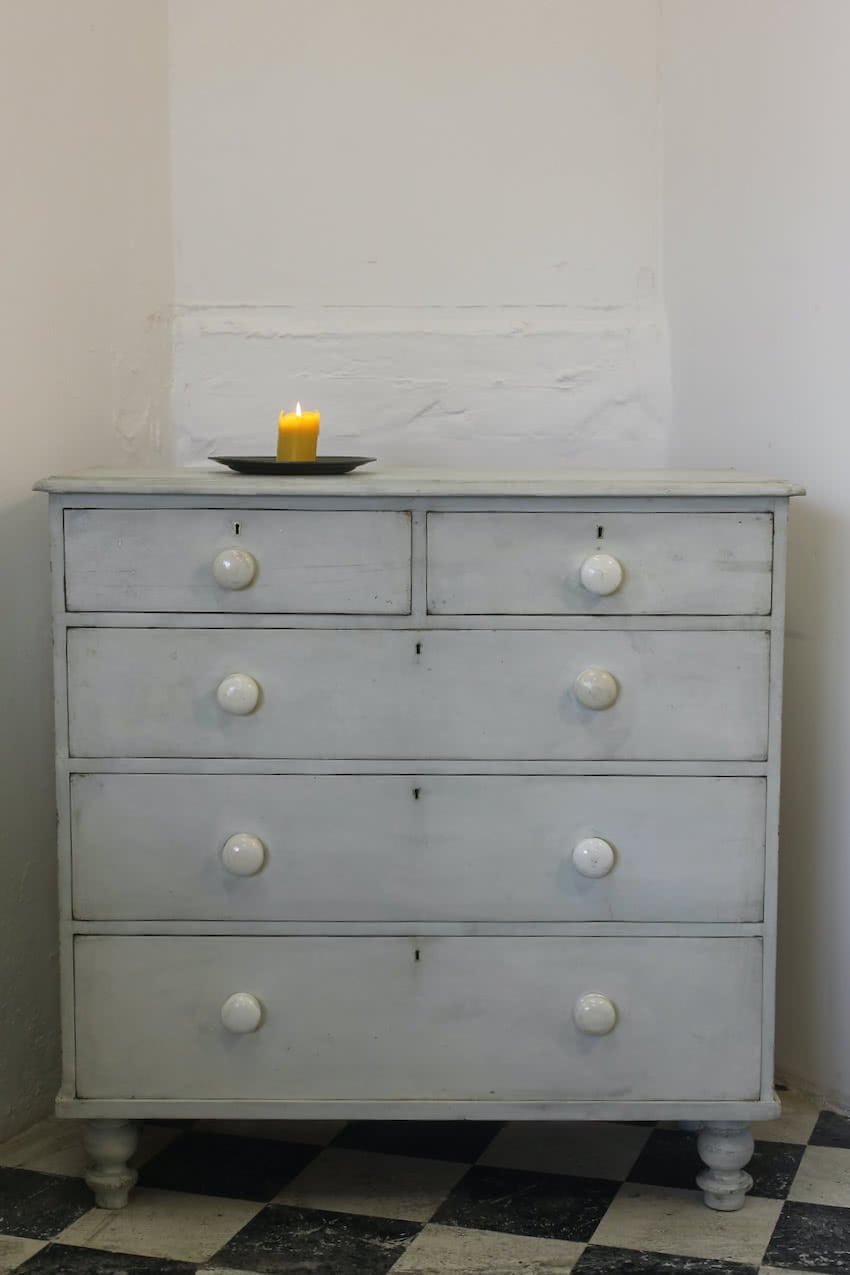 classic victorian pine chest of drawers restored and refinished with original ceramic knobs & pretty turned tall feet.