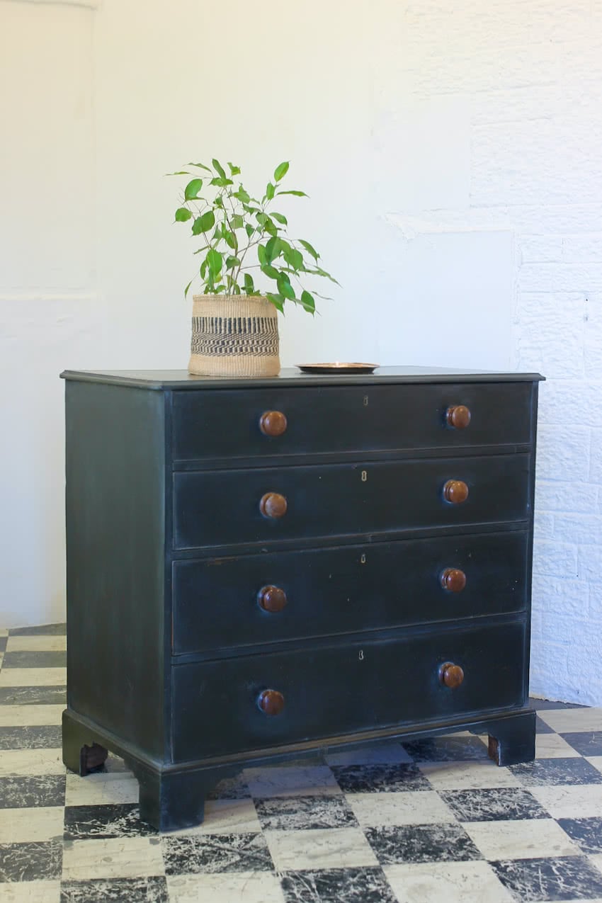 lovely large antique restored & refinished chest with original contrasting wooden knob & beautiful shaped plinth.