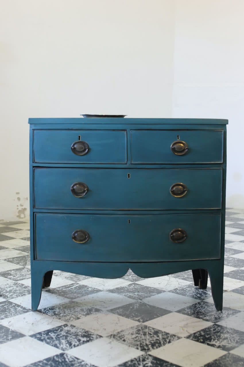 very pretty early victorian, possibly georgian pine chest with brass handles, lovely shaped bracket tall feet refinished in teal and light grey.