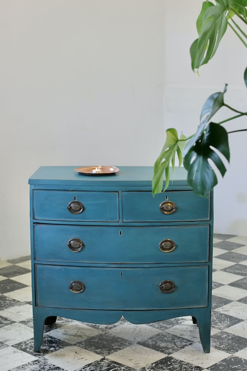 restored english very cute period chest refinished in teal with original brass handles & gorgeous shaping.