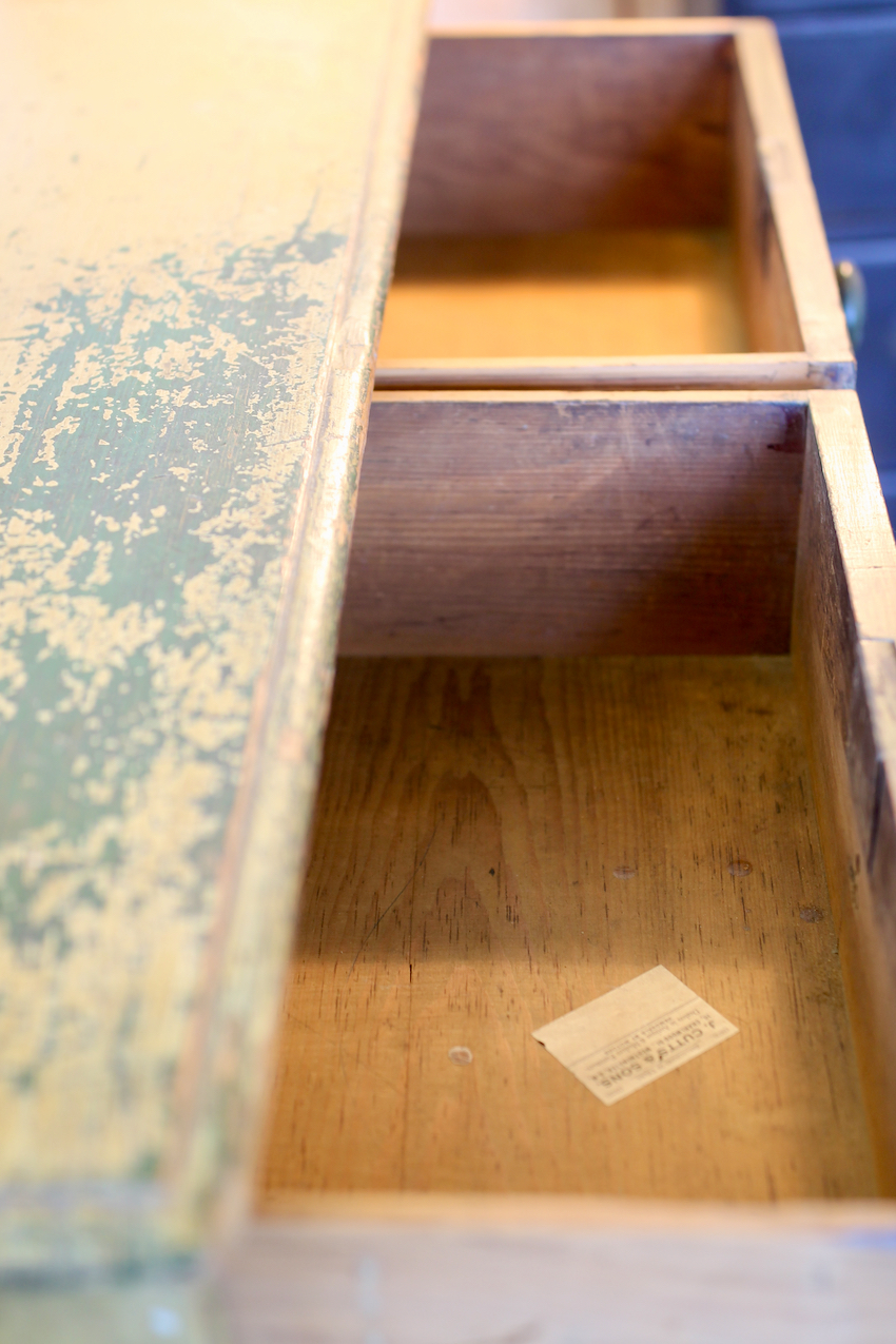 gorgeous low restored original painted pine two drawer chest with original knobs & new feet, makers label inside drawer (shown in photo).