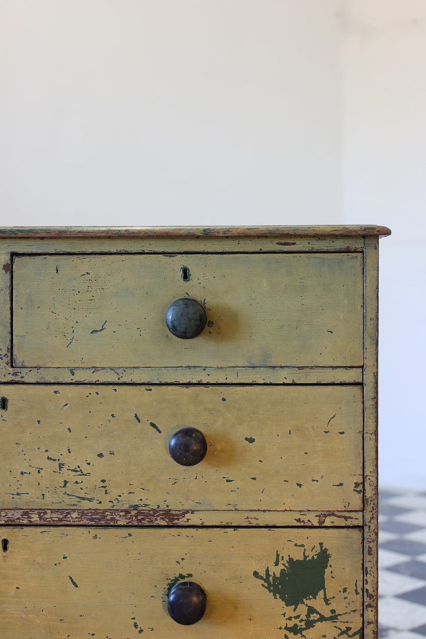 gorgeous low restored original painted pine two drawer chest with original knobs & new feet, makers label inside drawer (shown in photo).