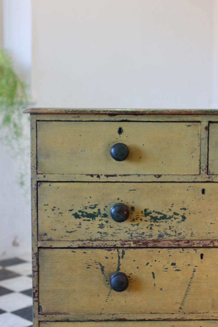 gorgeous low restored original painted pine two drawer chest with original knobs & new feet, makers label inside drawer (shown in photo).