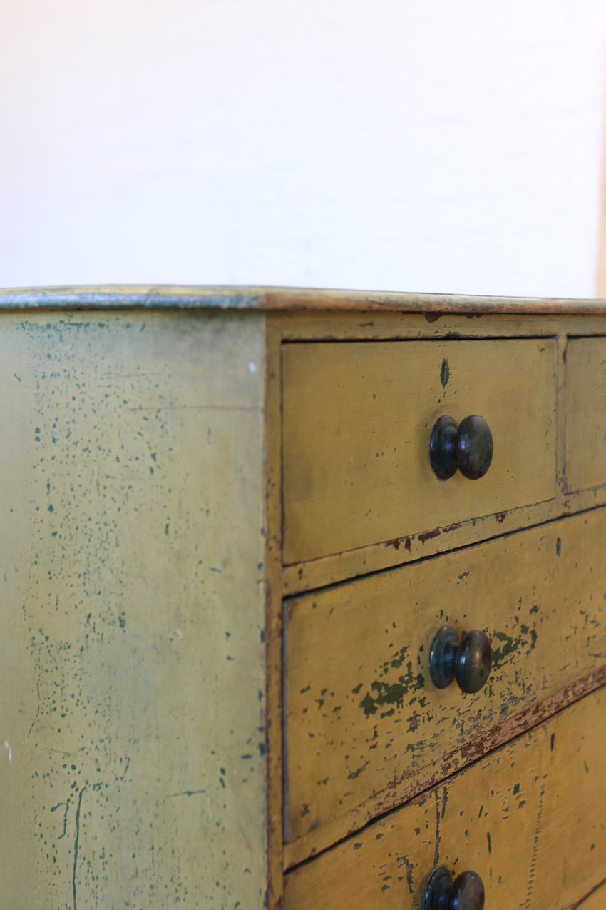 gorgeous low restored original painted pine two drawer chest with original knobs & new feet, makers label inside drawer (shown in photo).