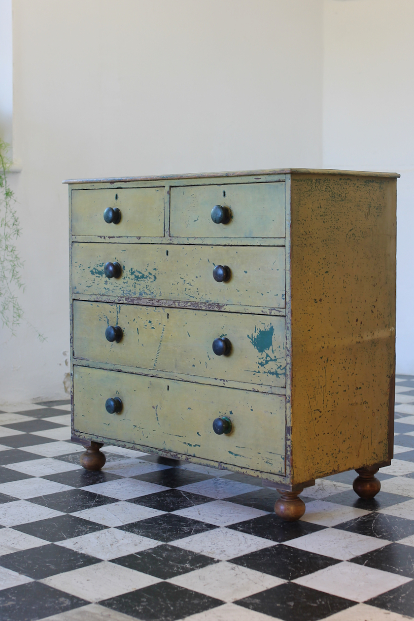 gorgeous low restored original painted pine two drawer chest with original knobs & new feet, makers label inside drawer (shown in photo).