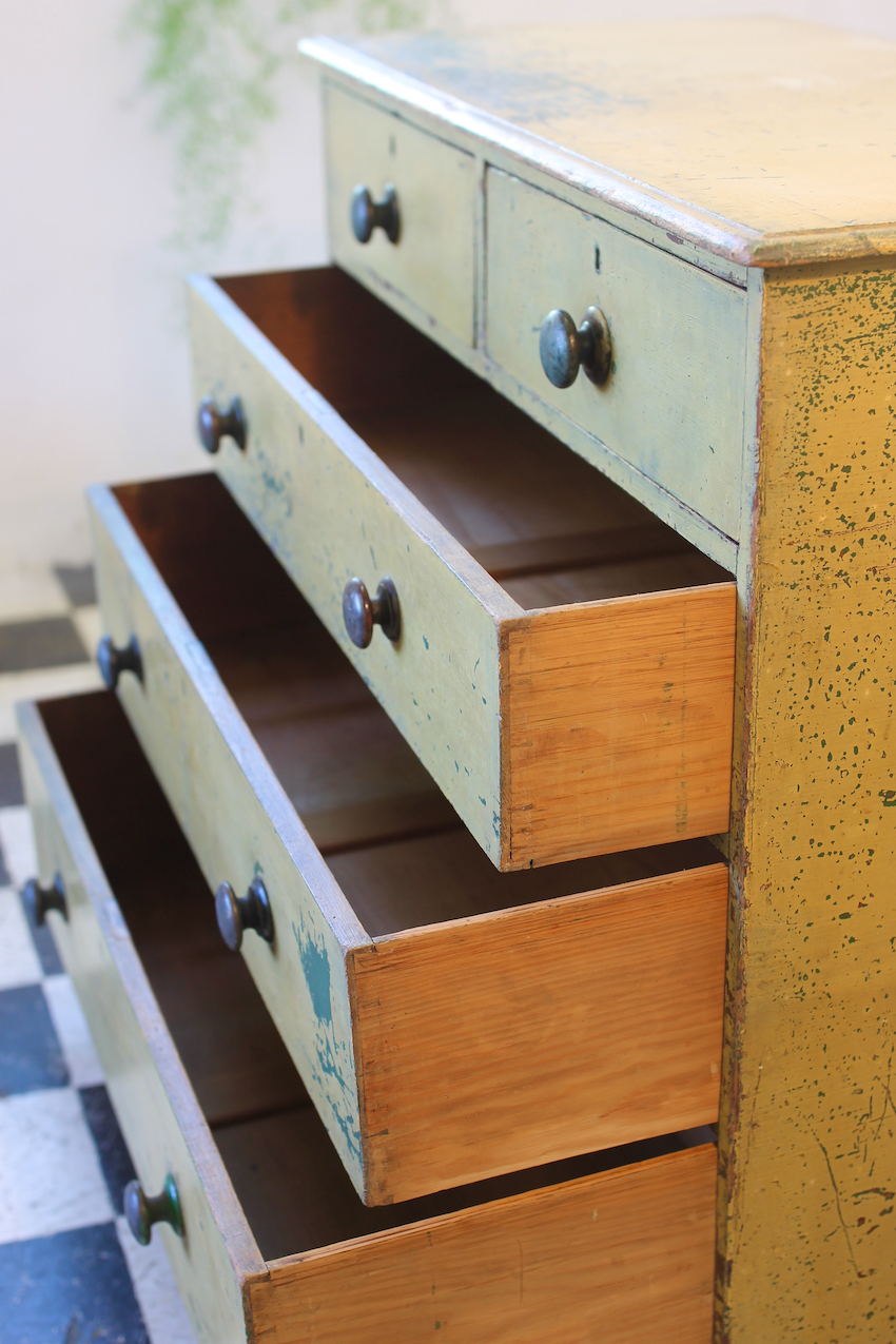 gorgeous low restored original painted pine two drawer chest with original knobs & new feet, makers label inside drawer (shown in photo).