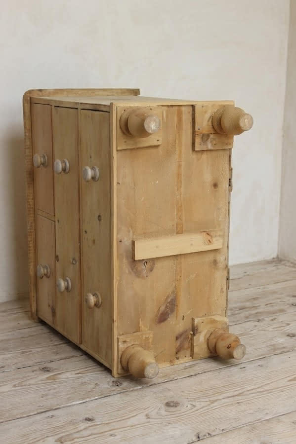 gorgeous very clean english pine cupboard two door base with one long original shelf inside and two brass round knobs.